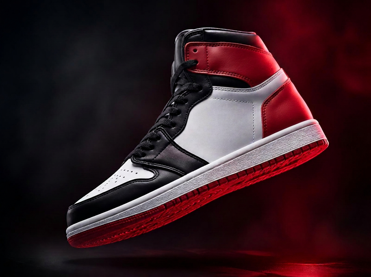 Unbranded sneaker on a dark background with red studio lighting